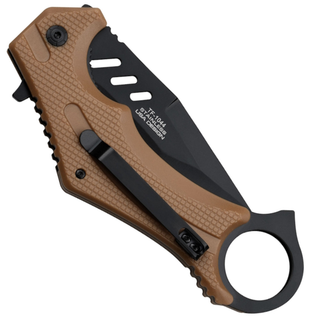 Tac Force TF-1044BR Brown Spring Assist Knife, Black Drop Point Blade, Clip View