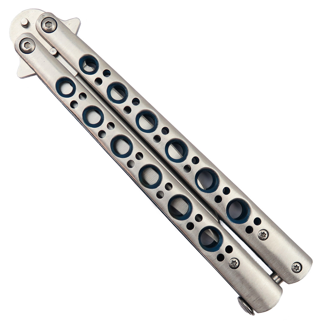 Classic Silver and Blue 6 Hole Butterfly Knife, Modified Bayonet Blade, Closed View