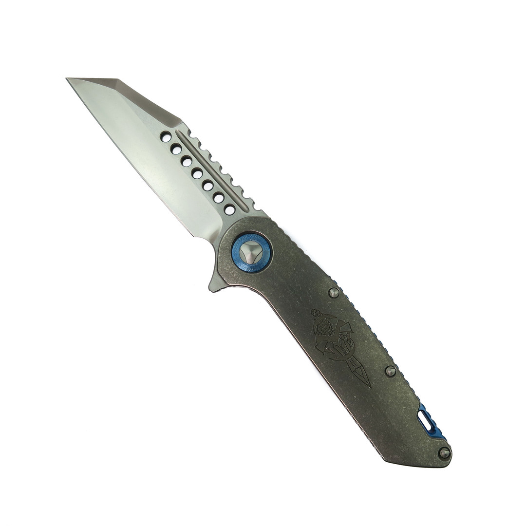 Marfione Custom Warhound Deep Engraved Sean Dagger Framelock Folding Knife, Two-Tone Stonewash Finish Blade
