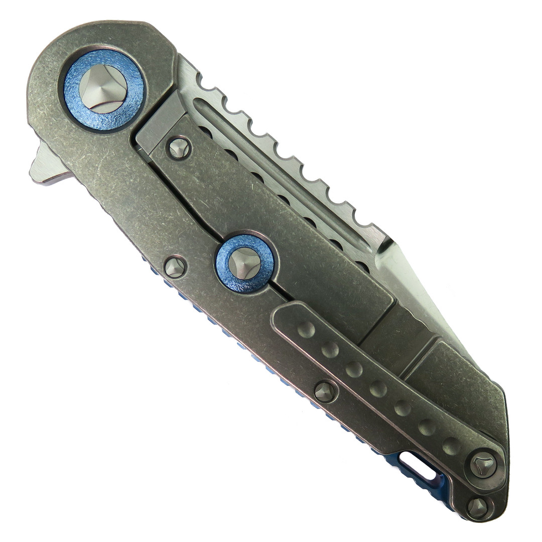 Marfione Custom Warhound Deep Engraved Sean Dagger Framelock Folding Knife, Two-Tone Stonewash Finish Blade, Clip View
