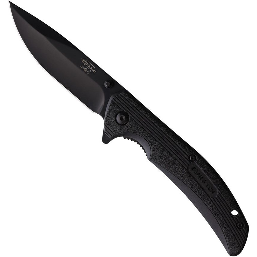 Bear & Son Black Zytel Sideliner Flipper Knife, Black Drop Point