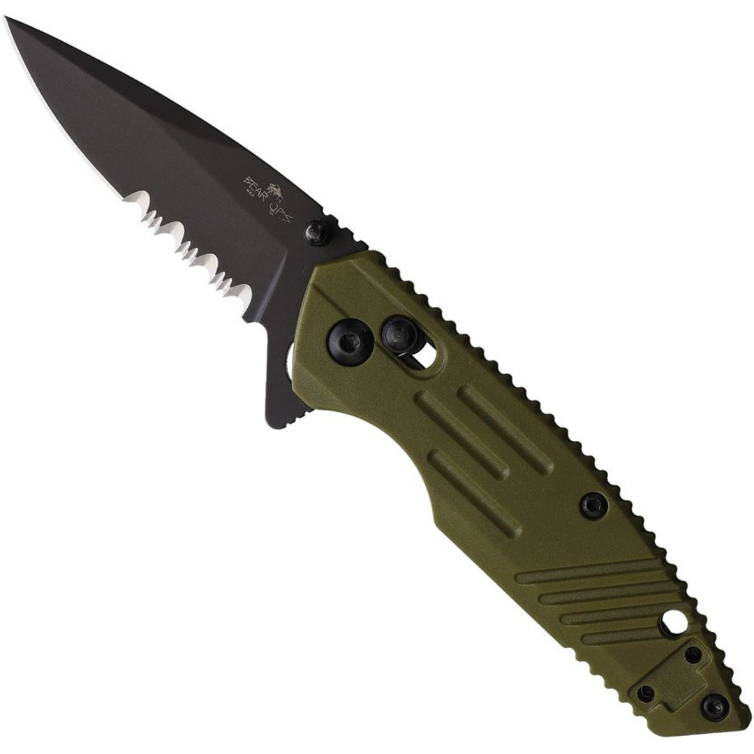 Bear Ops Mini Rancor IX OD Green Zytel Flipper Knife, Serrated Blade