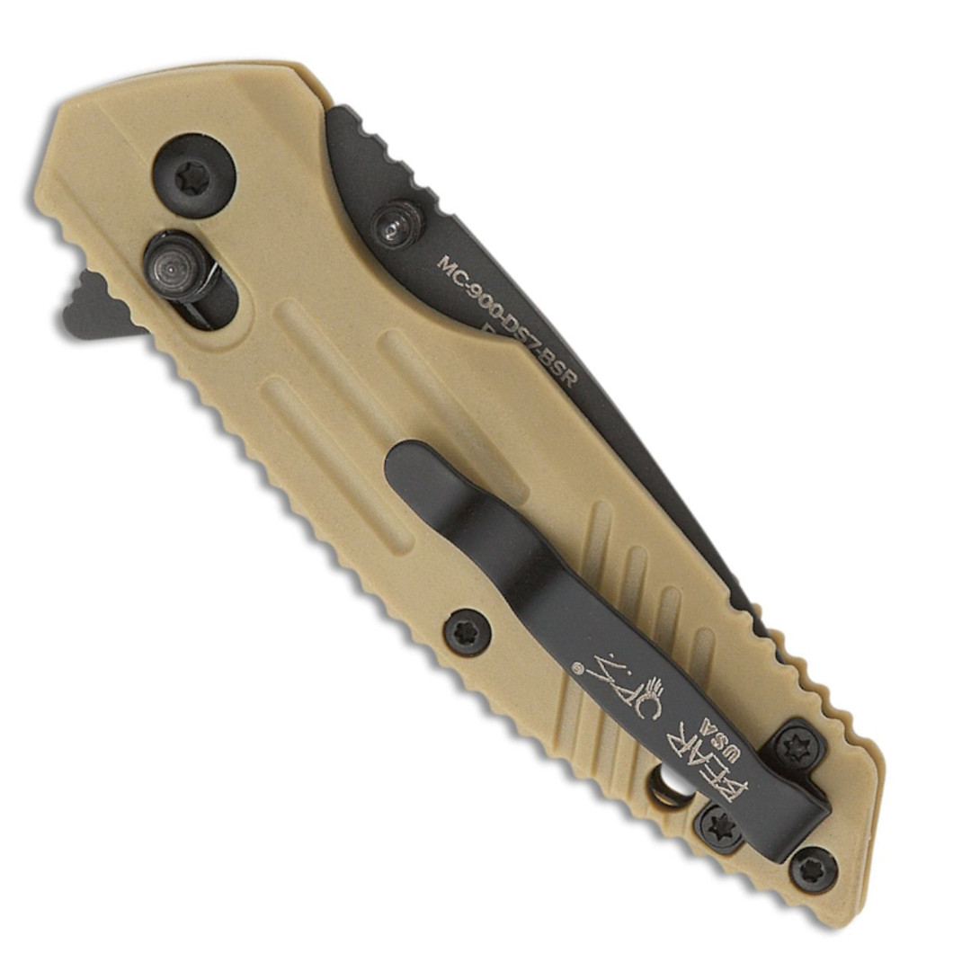 Bear Ops Mini Rancor IX Desert Sand Zytel Flipper Knife, Serrated Blade, Clip View