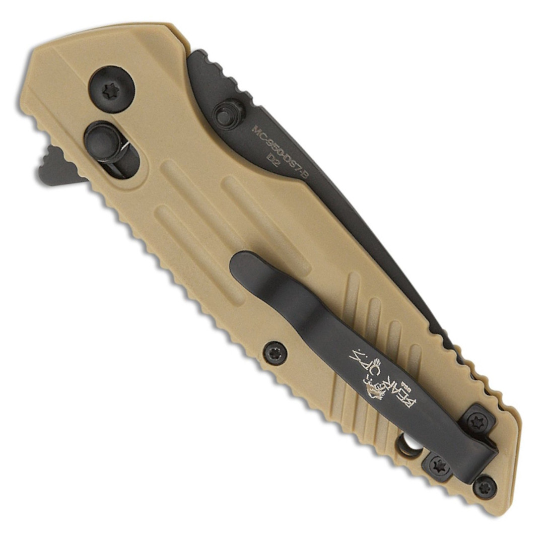 Bear Ops Rancor IX Desert Sand Zytel Flipper Knife, Drop Point Blade, Clip View