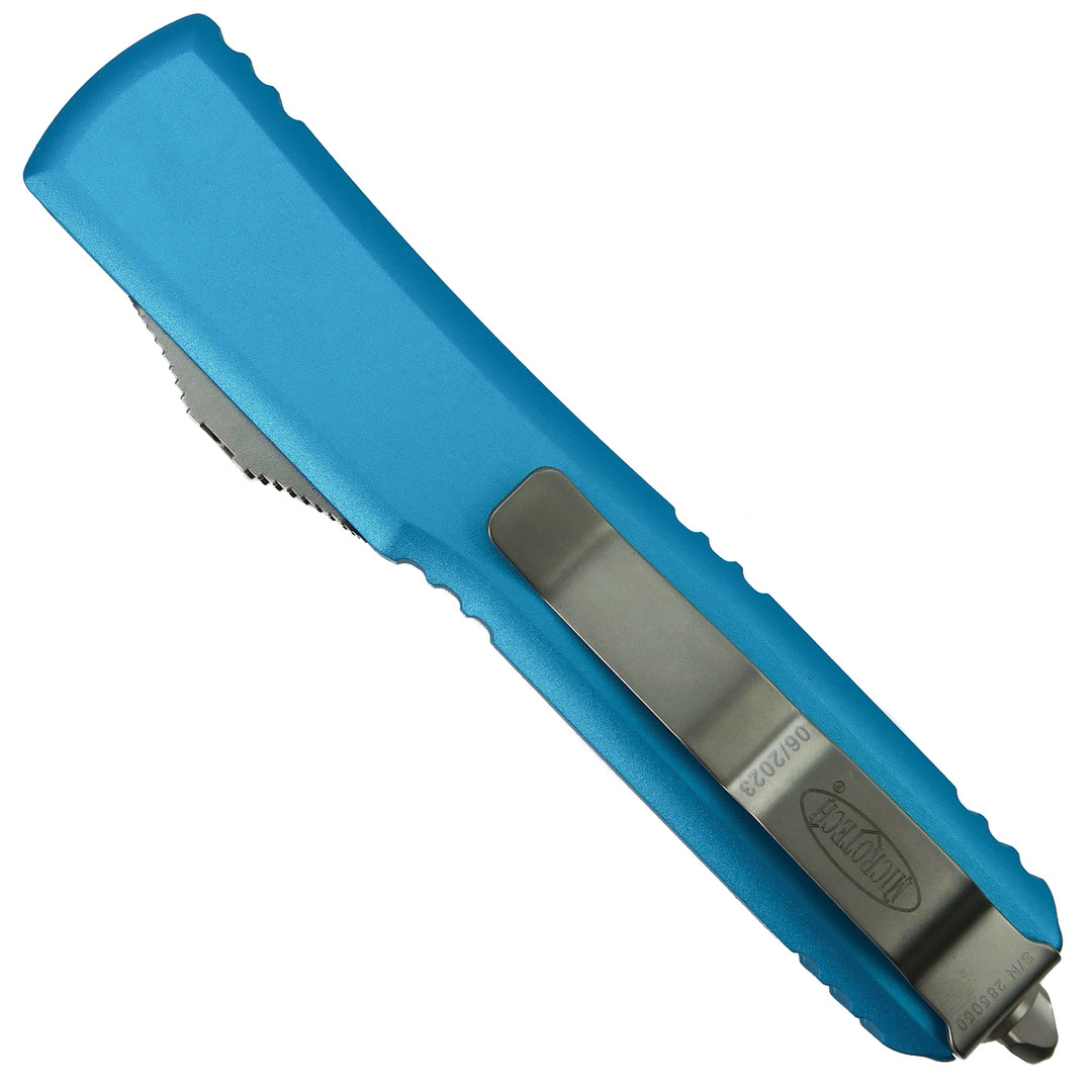 Microtech Ultratech Turquoise OTF Auto Knife, Stonewash Bayonet Blade, Clip View