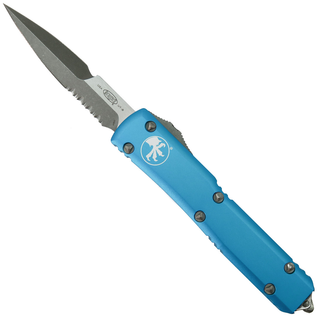 Microtech Ultratech Turquoise OTF Auto Knife, Apocalyptic Stonewash Combo Bayonet Blade