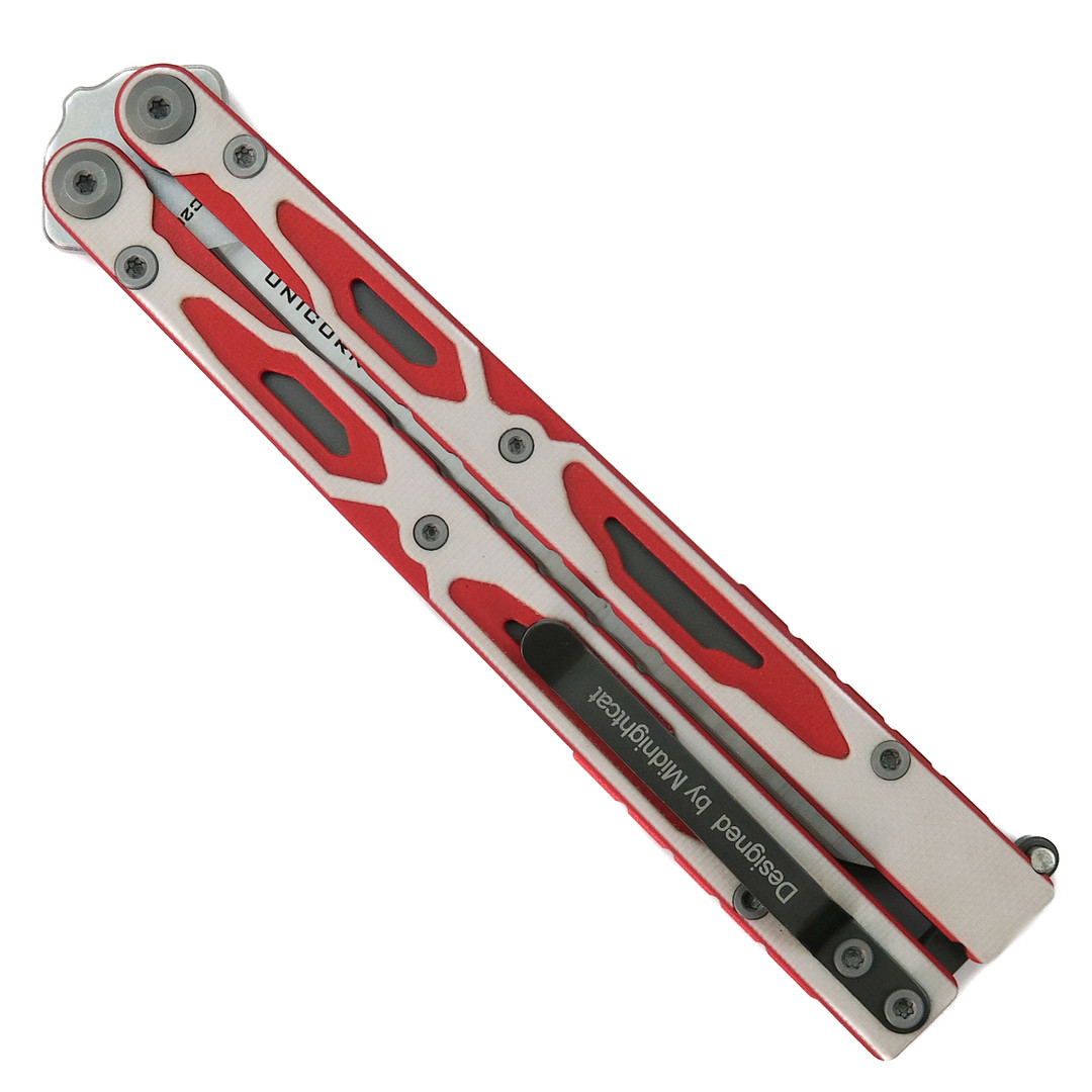Maxace Unicorn Red and White Butterfly Knife, Bowie Blade, Clip View