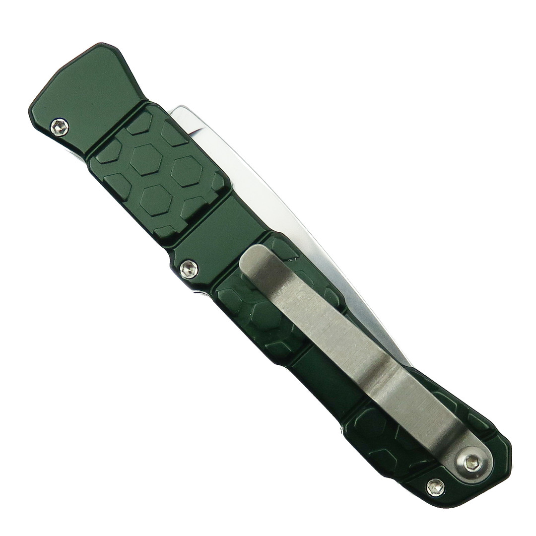 Piranha Green 21 Automatic Knife, Mirror Blade, Clip View