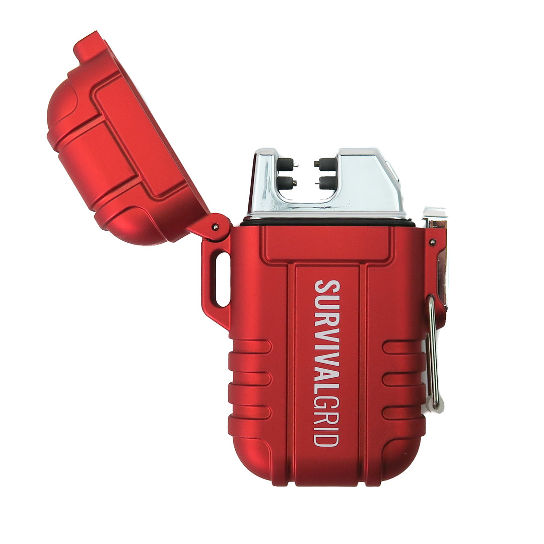 SurvivalGrid Red Waterproof Dual Arc Lighter, Open