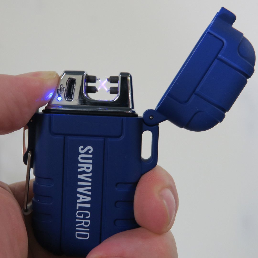 SurvivalGrid Blue Waterproof Dual Arc Lighter, Lit