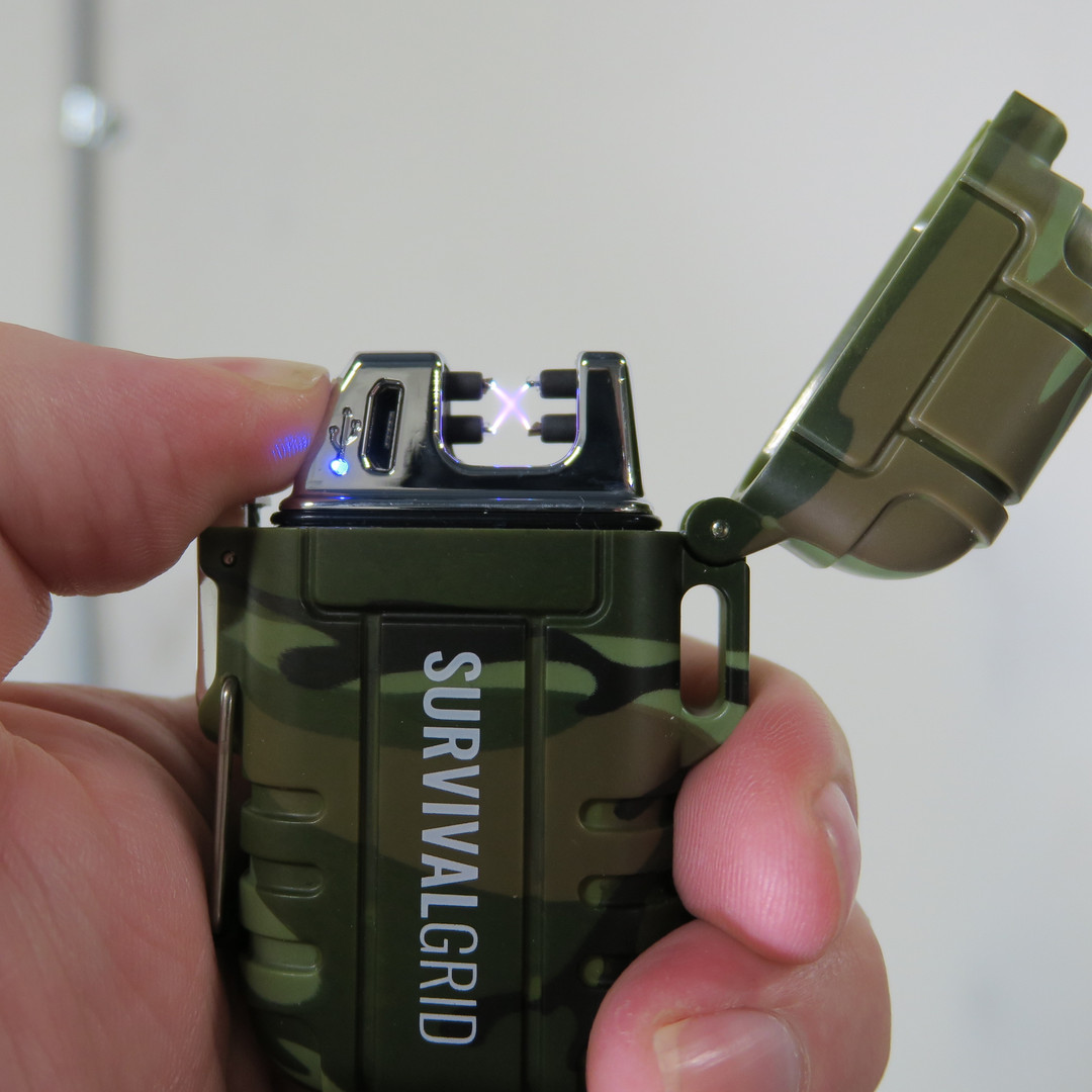 SurvivalGrid Camo Waterproof Dual Arc Lighter, Lit