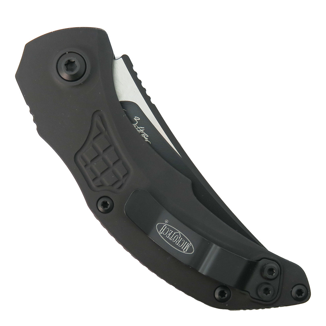 Microtech Brachial Automatic Knife, Black Serrated Blade, Clip View