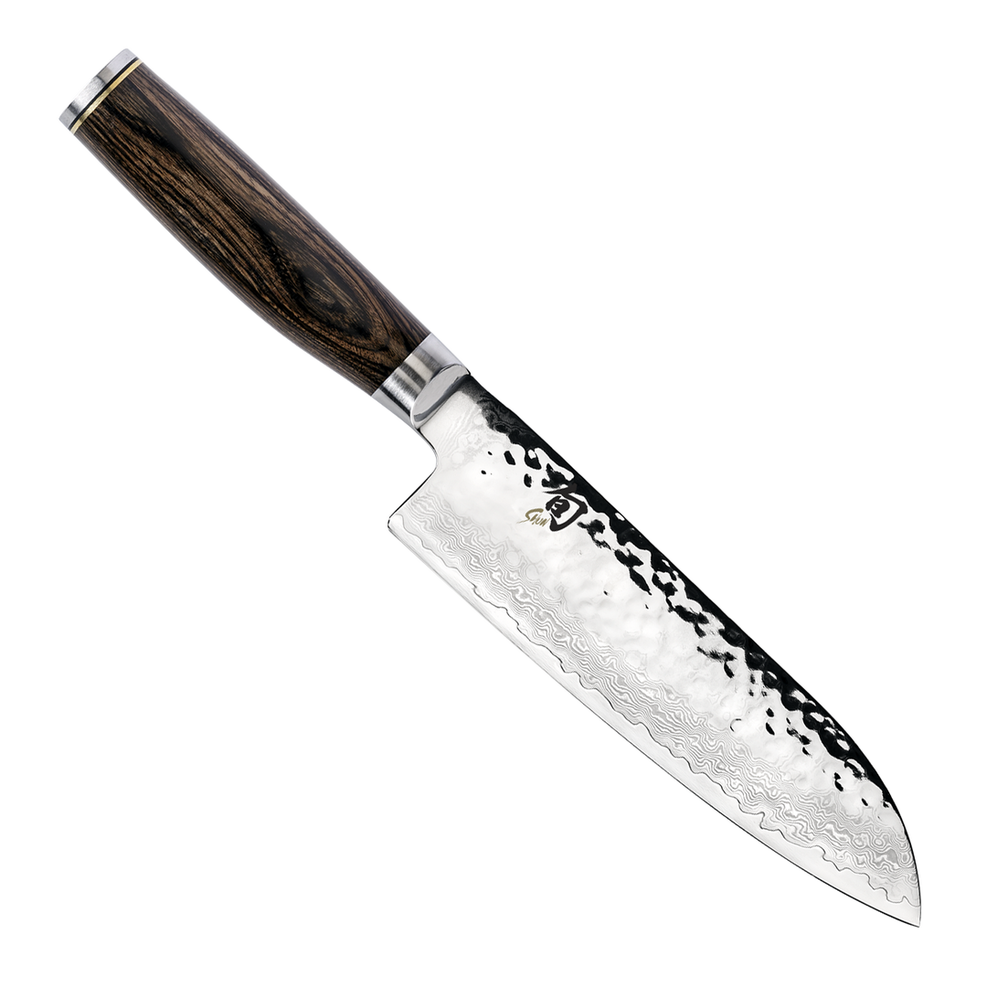 Shun TDM0702 Premier Santoku 7" Knife Hammered Blade, Walnut PakkaWood Handle