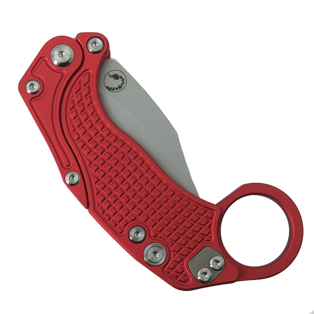 Reate Red EXO K Gravity Knife, Stonewash Hawkbill Blade, Back View
