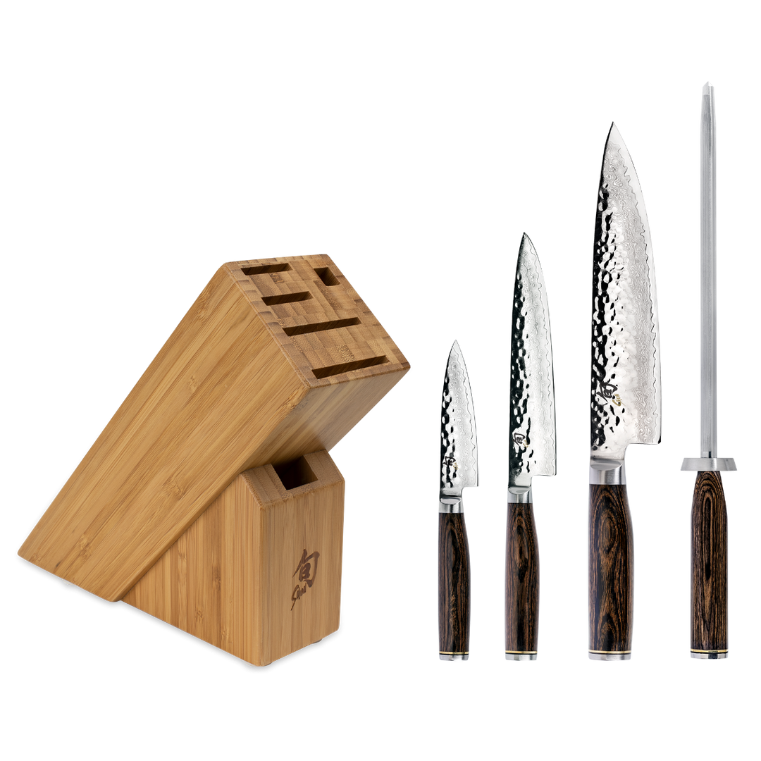 Shun TDMS0512 Premier 5 Piece Starter Block Knife Set, Walnut Pakkawood Handle