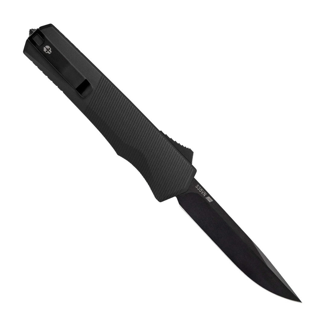 Tekto Spry A5 OTF Automatic Knife, Black Drop Point Blade, Clip View