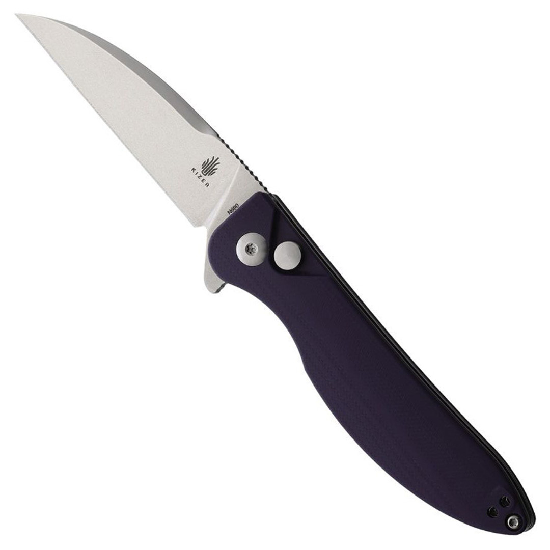 Kizer Sway Back Purple G10 Button Lock Folding Knife, Stonewash Wharncliffe Blade