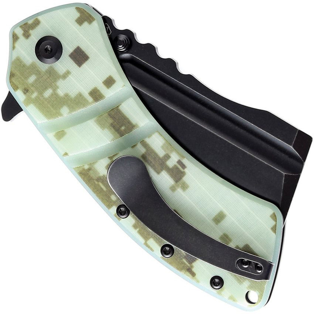 Kizer XL Korvid Jade Camo Linerlock Folding Knife, Black Stonewash Cleaver Blade, Clip View