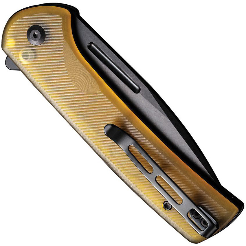 CIVIVI Conspirator Bead Blasted Ultem Button Lock Flipper Knife, Black Drop Point Blade, Clip View