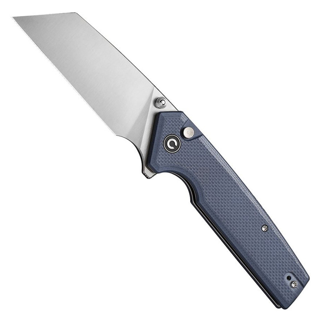 CIVIVI Amirite Coarse Neutral Blue G10 Button Lock Flipper Knife, Satin Modified Wharncliffe Blade