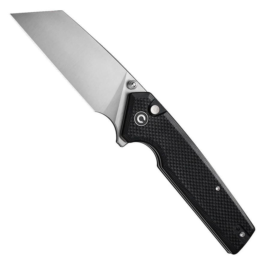 CIVIVI Amirite Coarse Black G10 Button Lock Flipper Knife, Satin Modified Wharncliffe Blade