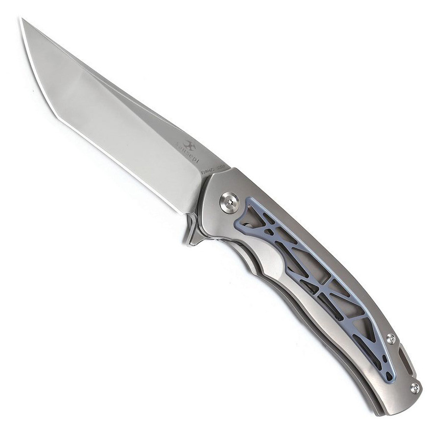 Kansept Knives Agent Blue and Gray Bead Blast Titanium Framelock Knife, Two Tone Clip Point Blade