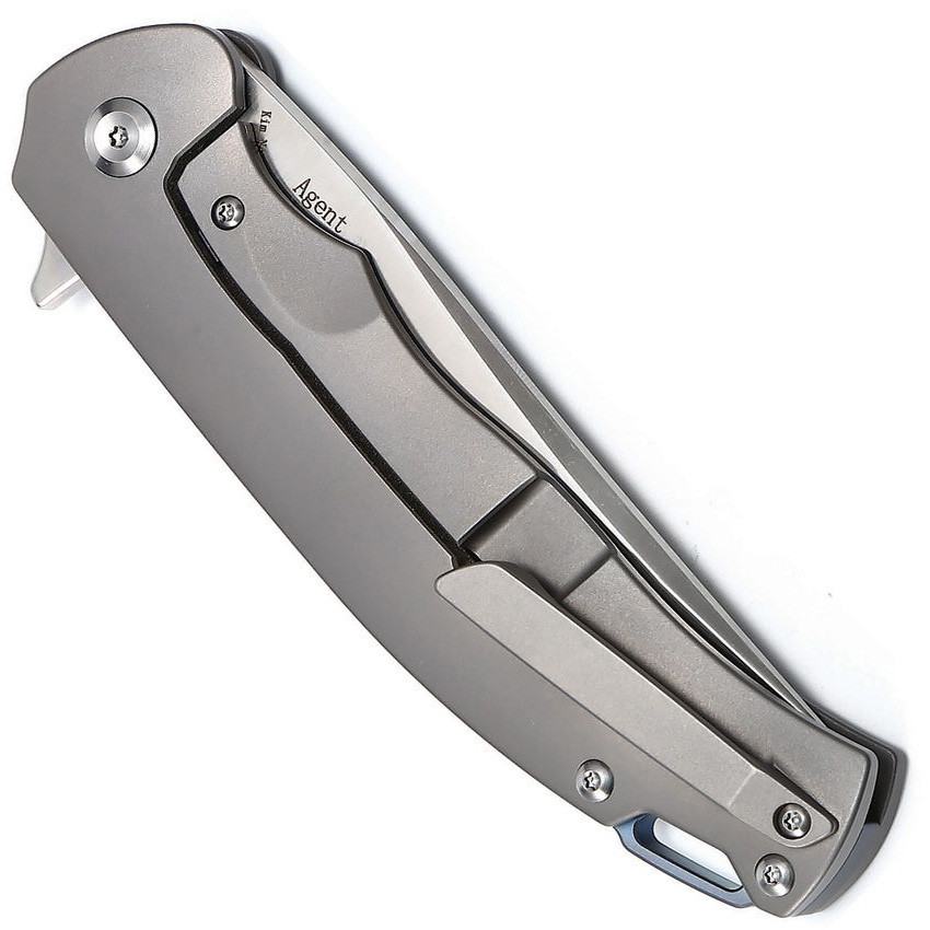 Kansept Knives Agent Titanium with Blue Titanium Backspacer Framelock Knife, Two Tone Tanto Blade, Clip View