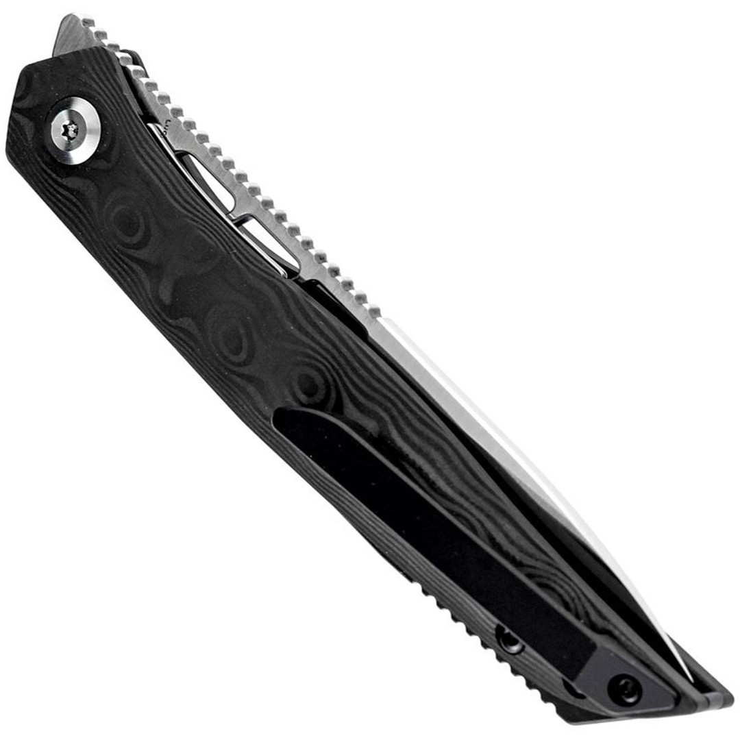 Kansept Knives Lucky Star Black Rose Carbon Fiber Linerlock Flipper Knife, Satin Drop Point Blade, Clip View