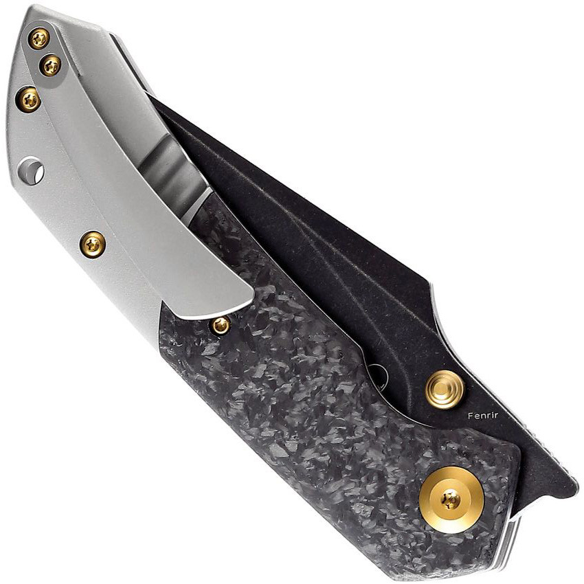 Kansept Knives Fenrir Left Handed Titanium Shred Carbon Fiber Flipper Knife, Black Stonewash Harpoon Blade, Clip View