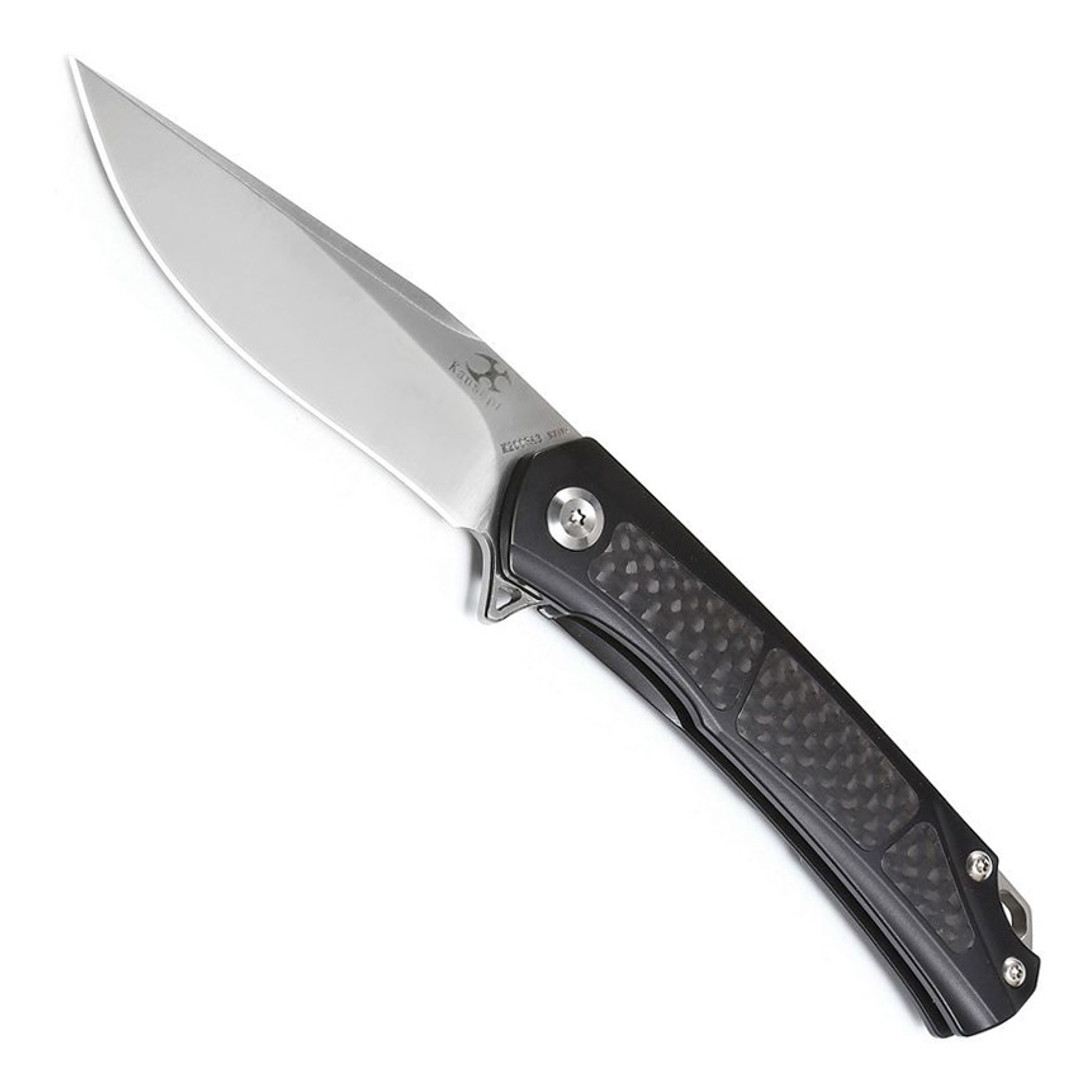 Kansept Knives Gremlin Black Titanium Carbon Fiber Inlay Framelock Flipper Knife, Satin Clip Point Blade