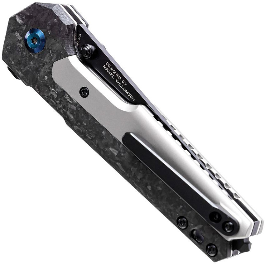 Kansept Knives EDC Tac Gray Titanium Shred Carbon Fiber Flipper Knife, Black Stonewash Trailing Point Blade, Clip View