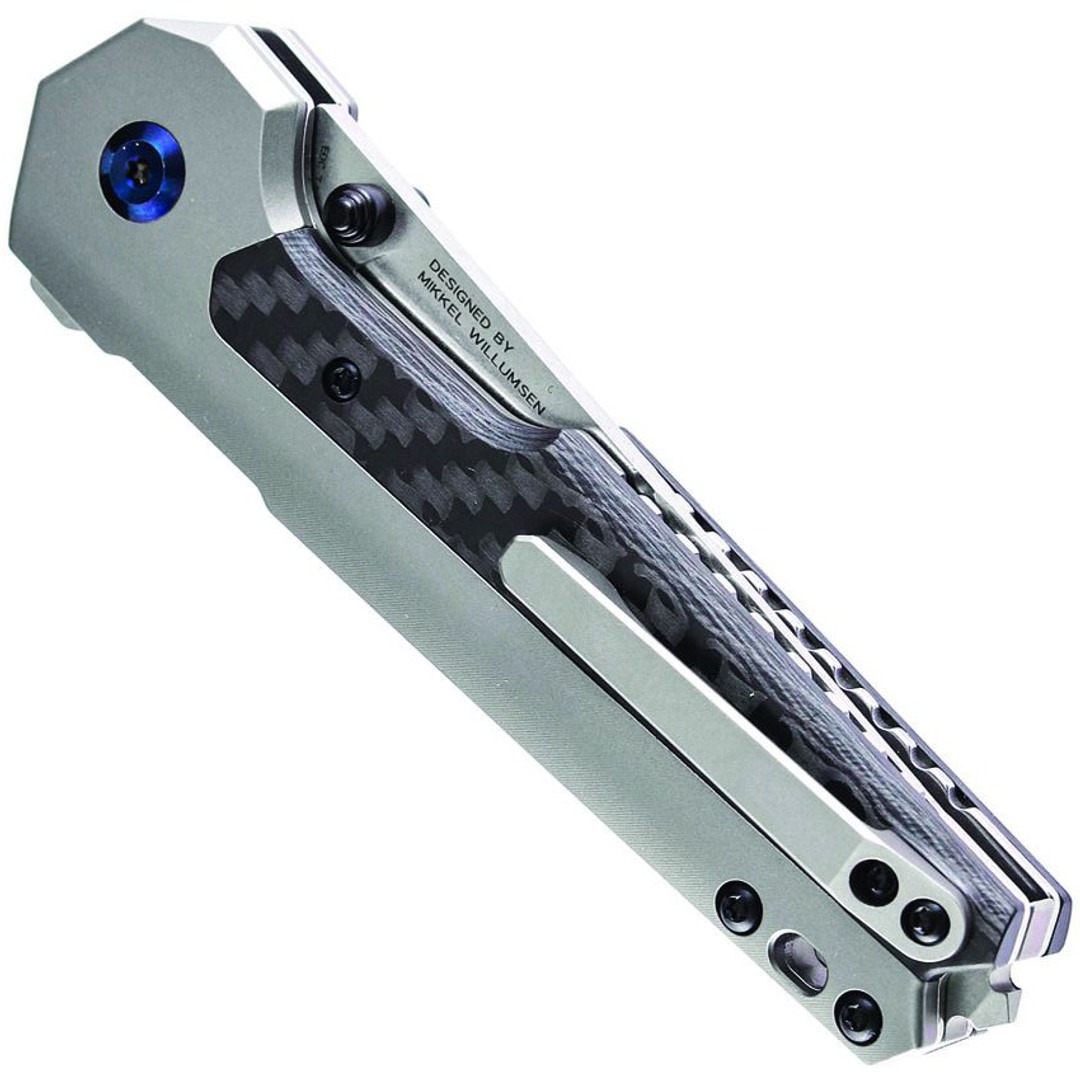 Kansept Knives EDC Tac Gray Titanium Twill Carbon Fiber Flipper Knife, Stonewash Trailing Point Blade, Clip View