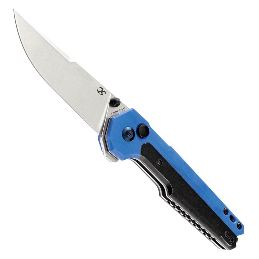 Kansept Knives EDC Tac Blue G10 Black Titanium Flipper Knife, Stonewash Trailing Point Blade