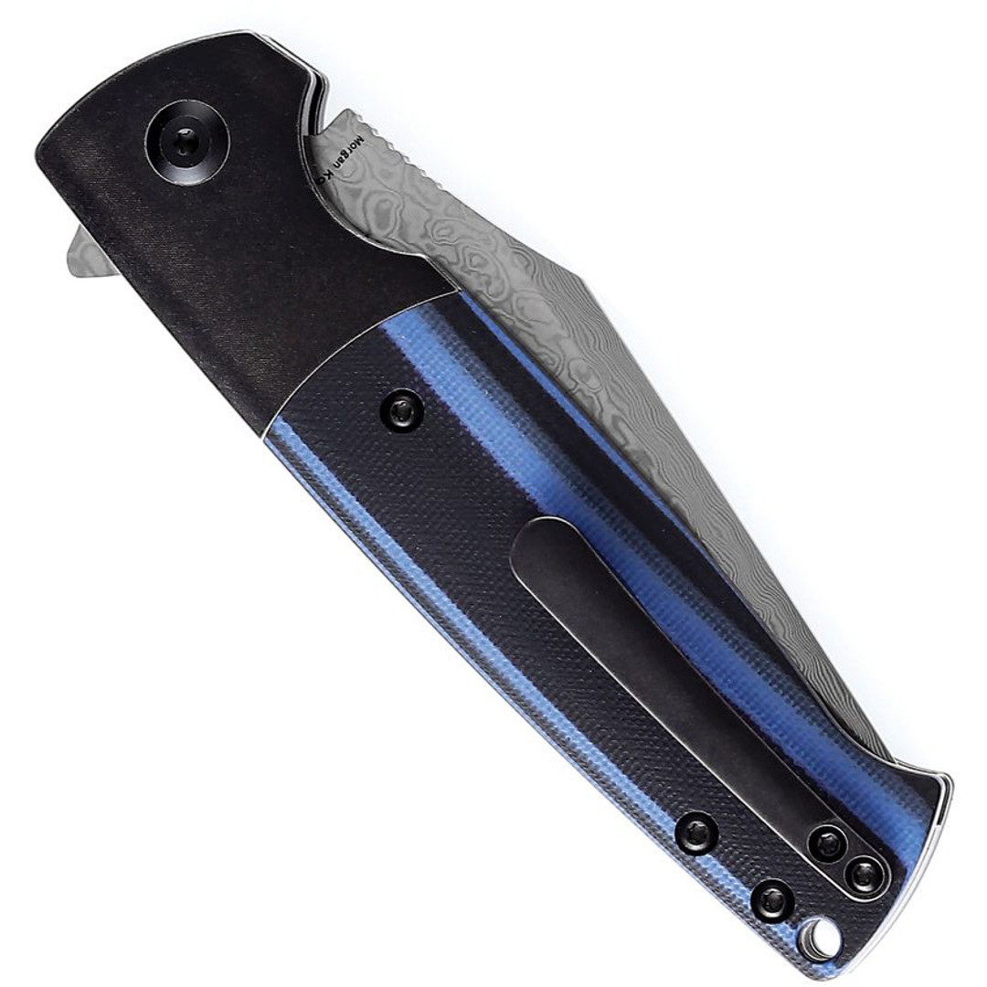 Kansept Knives Skikari SBL Black and Blue G10 Knife, Damascus Clip Point Blade, Clip View