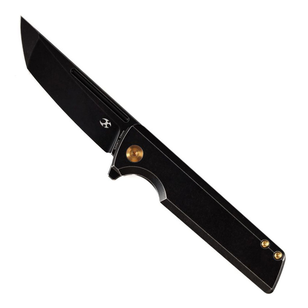 Kansept Knives Anomaly Black Titanium Frame Lock Flipper Knife, Black Stonewash Tanto Blade