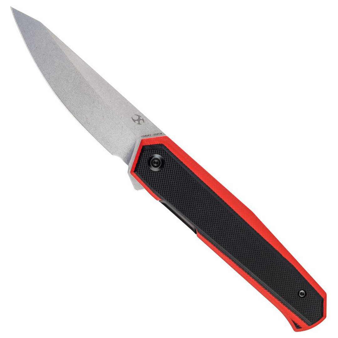 Kansept Knives Integra Black and Red G10 Liner Lock Flipper Knife, Stonewash Blade