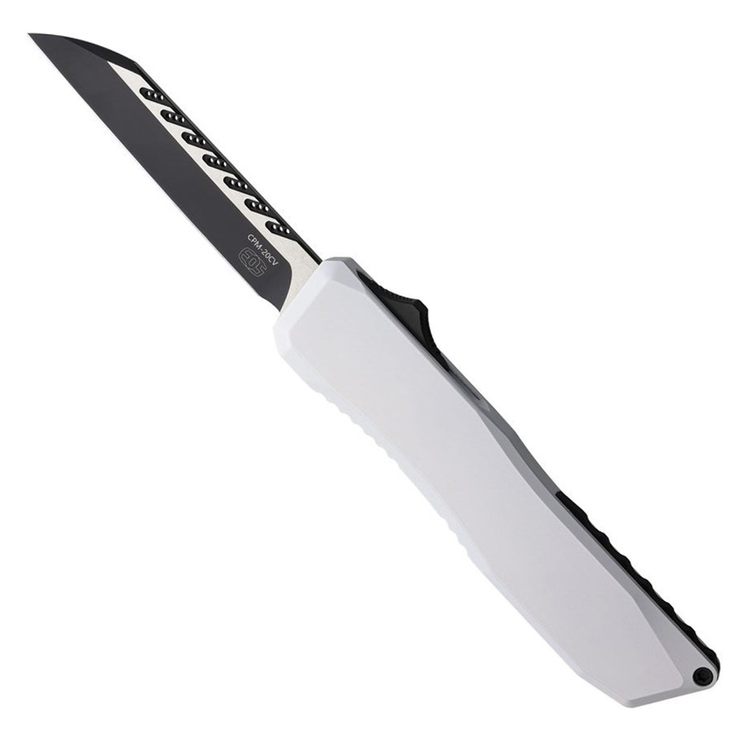 EOS White Aluminum Auto Harpoon OTF Knife, Two-Tone Sheepsfoot Blade