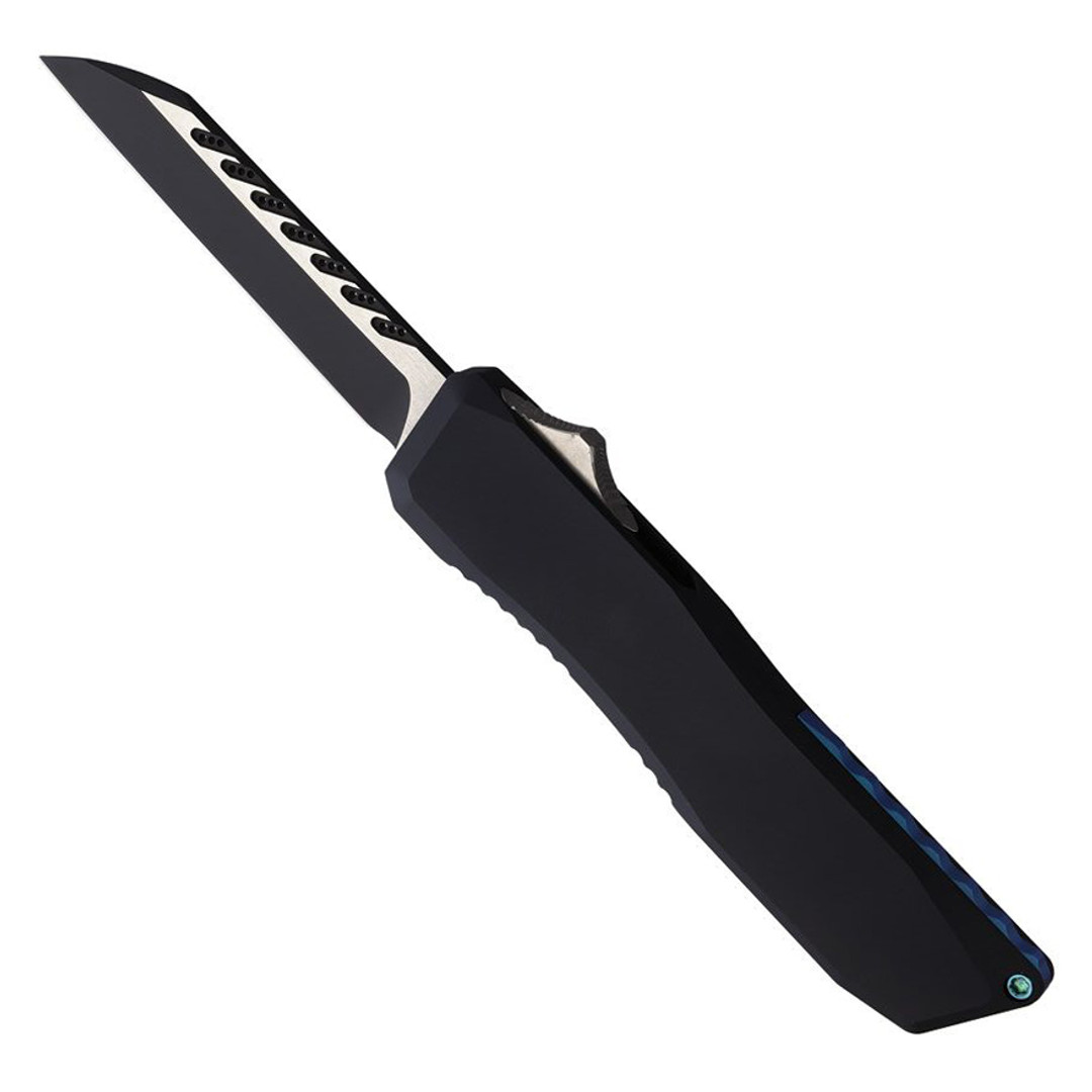 EOS Black Anodized Aluminum Auto Harpoon OTF Knife, Two-Tone Sheepsfoot Blade