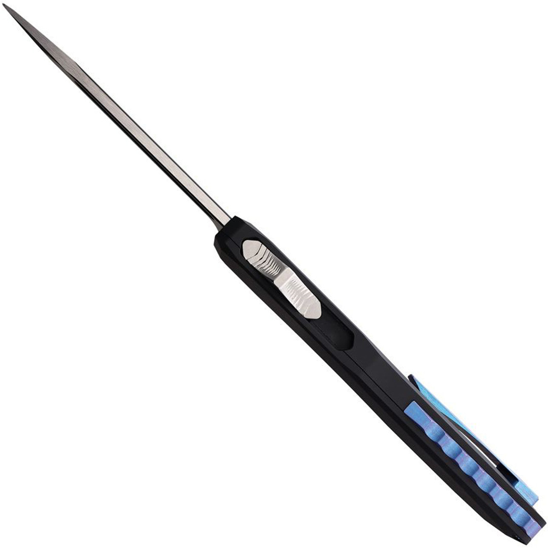 EOS Black Anodized Aluminum Blue Accents Auto Harpoon OTF Knife, Two-Tone Tanto Blade, Edge View