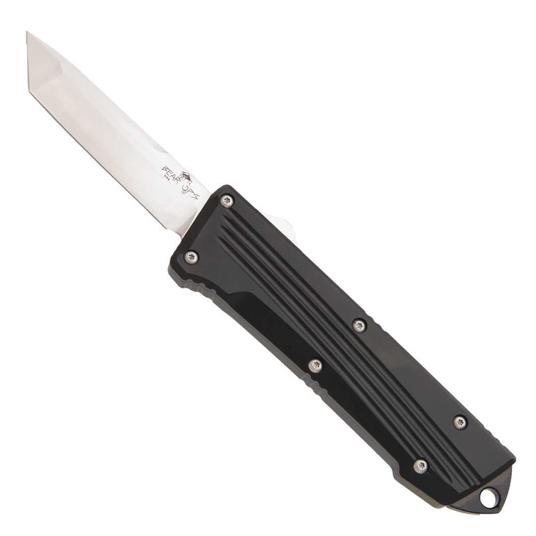 Bear & Son Double Clutch IV Black Aluminum OTF Knife, Satin Tanto Blade