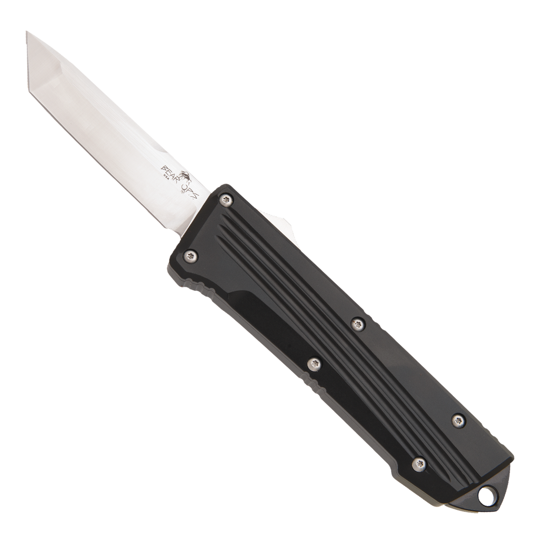Bear & Son Double Clutch IV Black Aluminum OTF Knife, Satin Tanto Blade
