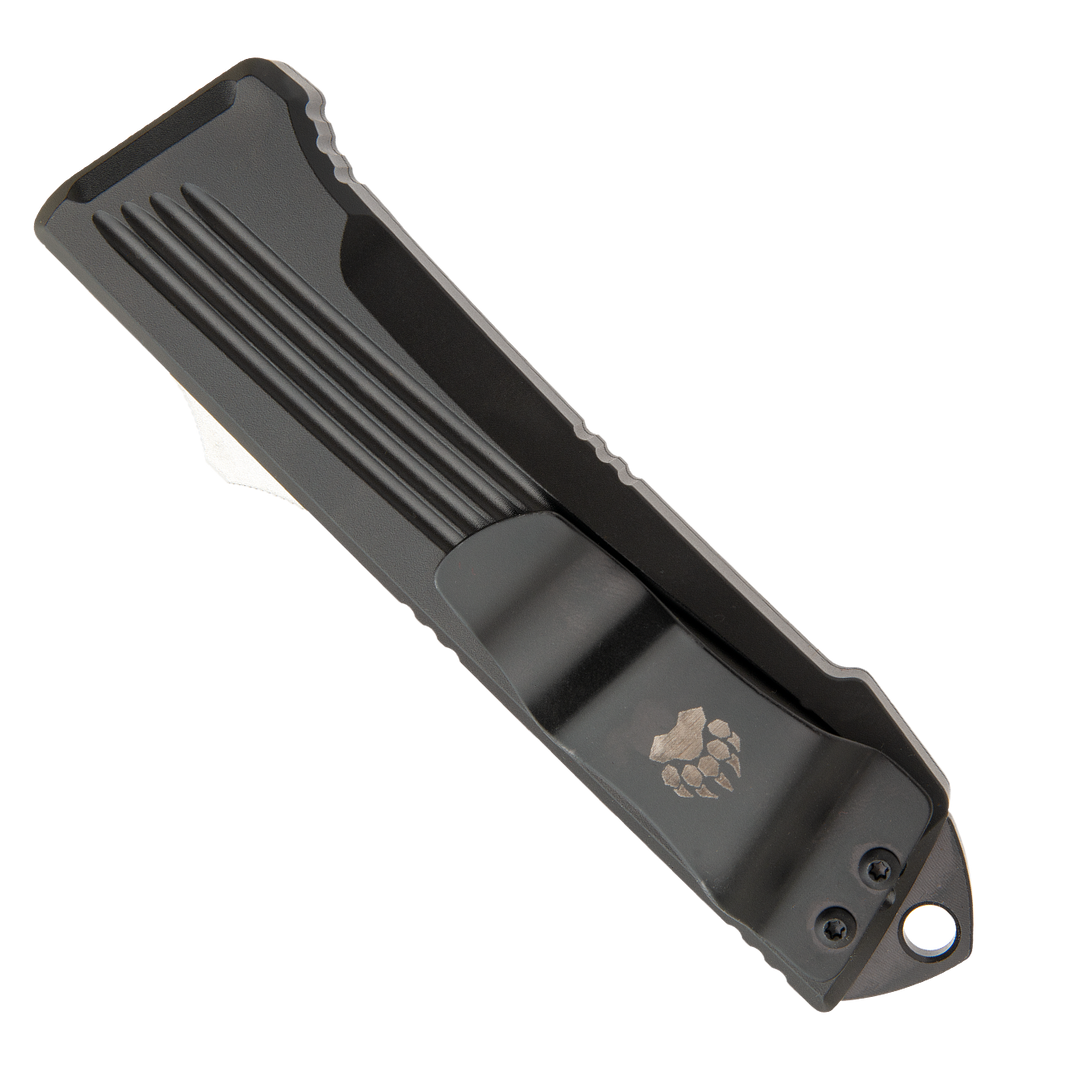 Bear & Son Double Clutch IV Black Aluminum OTF Knife, Satin Clip Point Blade, Clip View