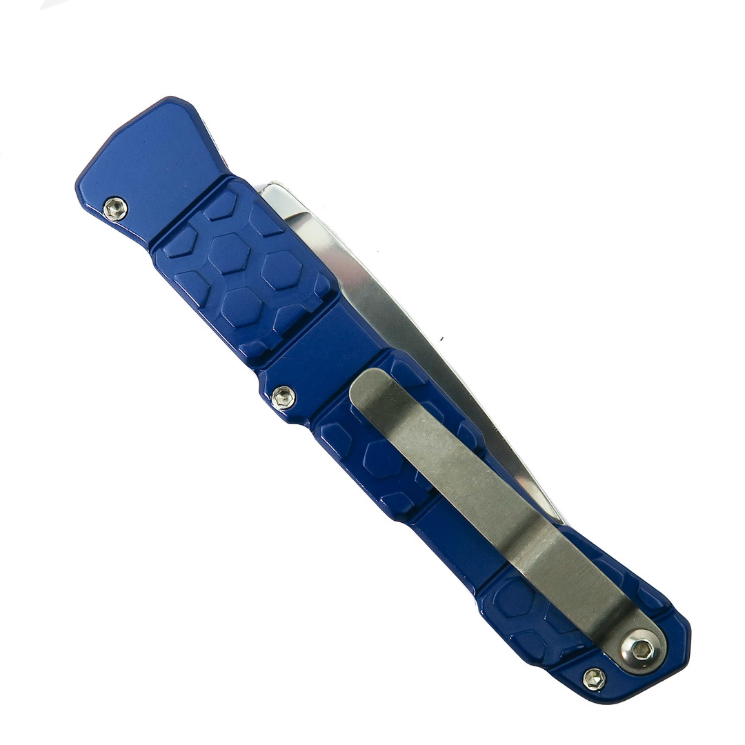 Piranha Blue 21 Automatic Knife, Mirror Combo Blade, Clip View