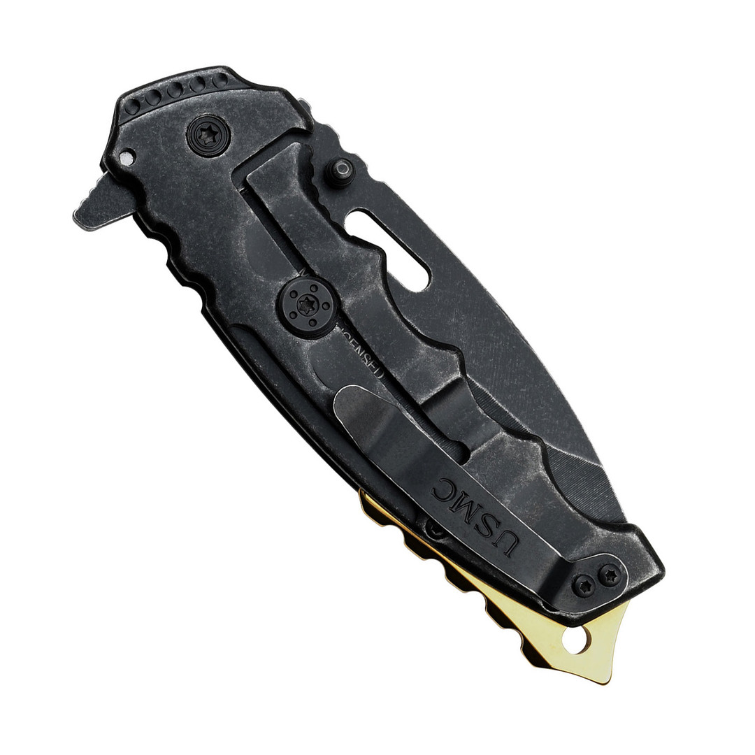 USMC Black Stainless Steel Gold TiNite Spacer Spring Assisted Knife, Black Tanto Blade, Clip View
