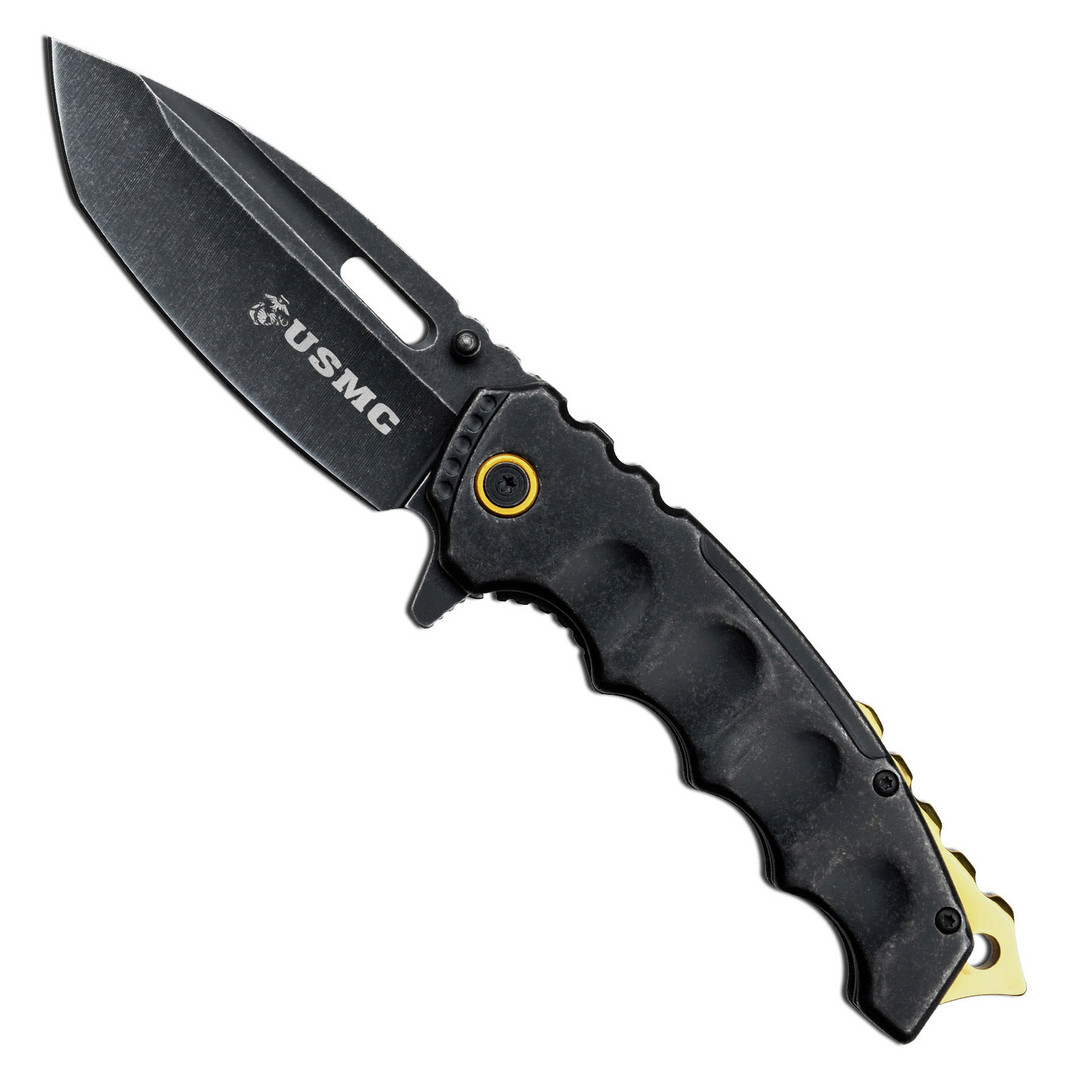 USMC Black Stainless Steel Gold TiNite Spacer Spring Assisted Knife, Black Tanto Blade