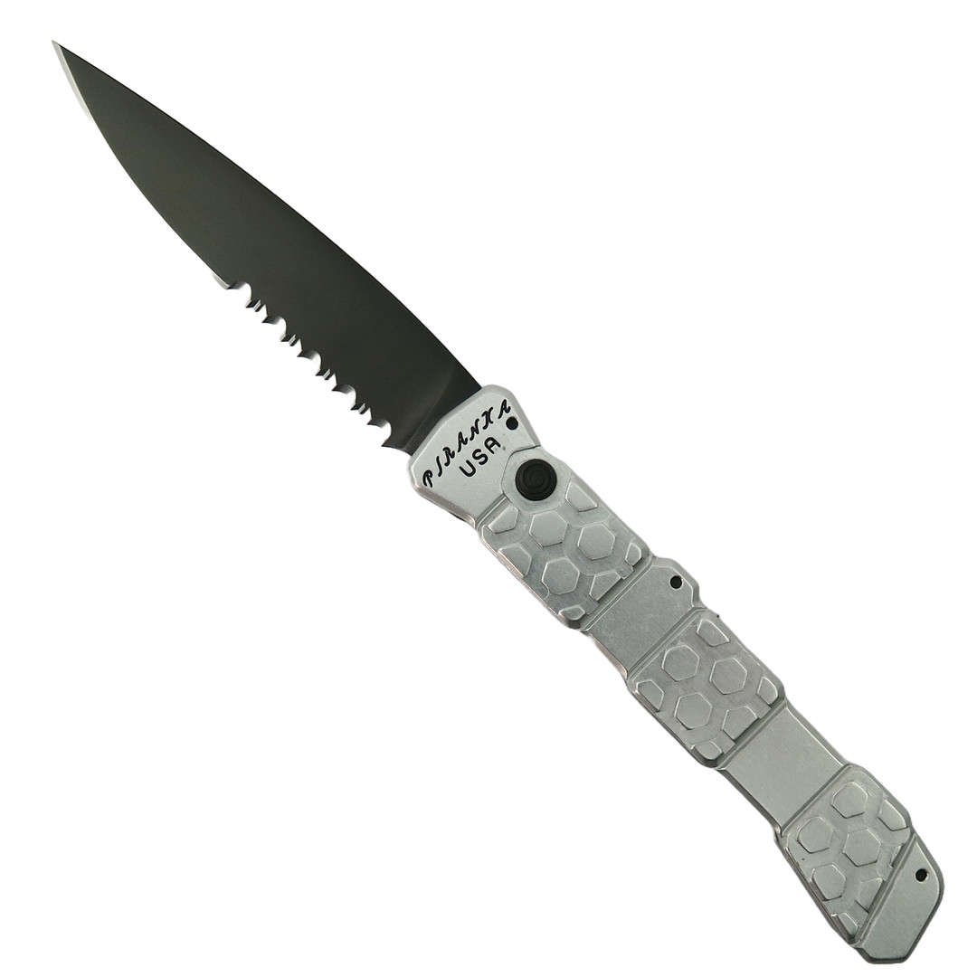 Piranha Silver 21 Auto Knife, Black Combo Blade