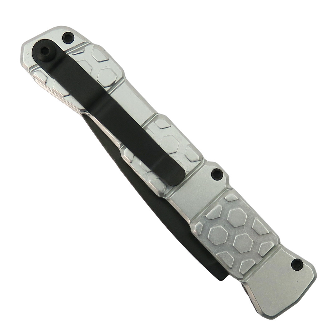 Piranha Silver 21 Auto Knife, Black Combo Blade, Clip View