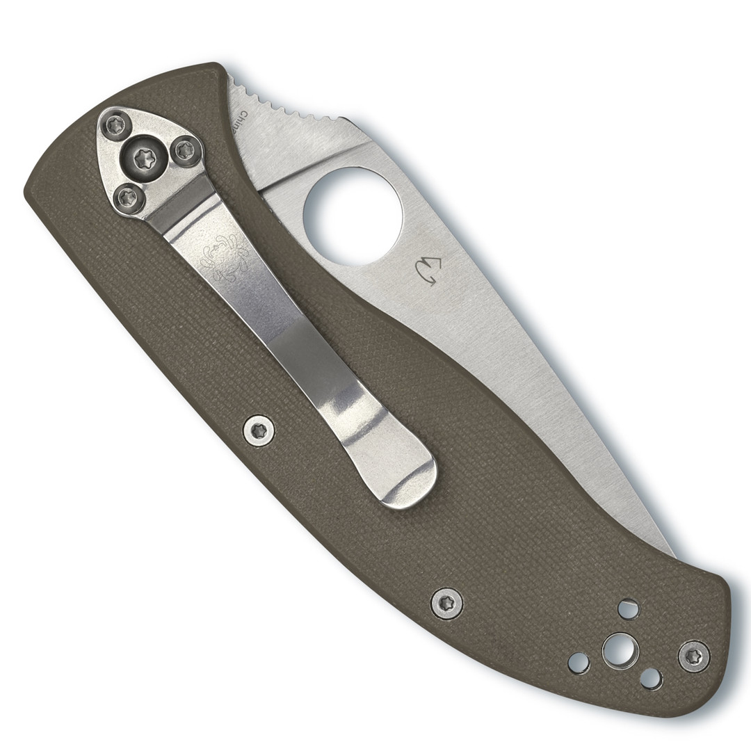 Spyderco Tenacious Brown G10 Folding Knife, CPM-M4 Combo Blade, Clip View