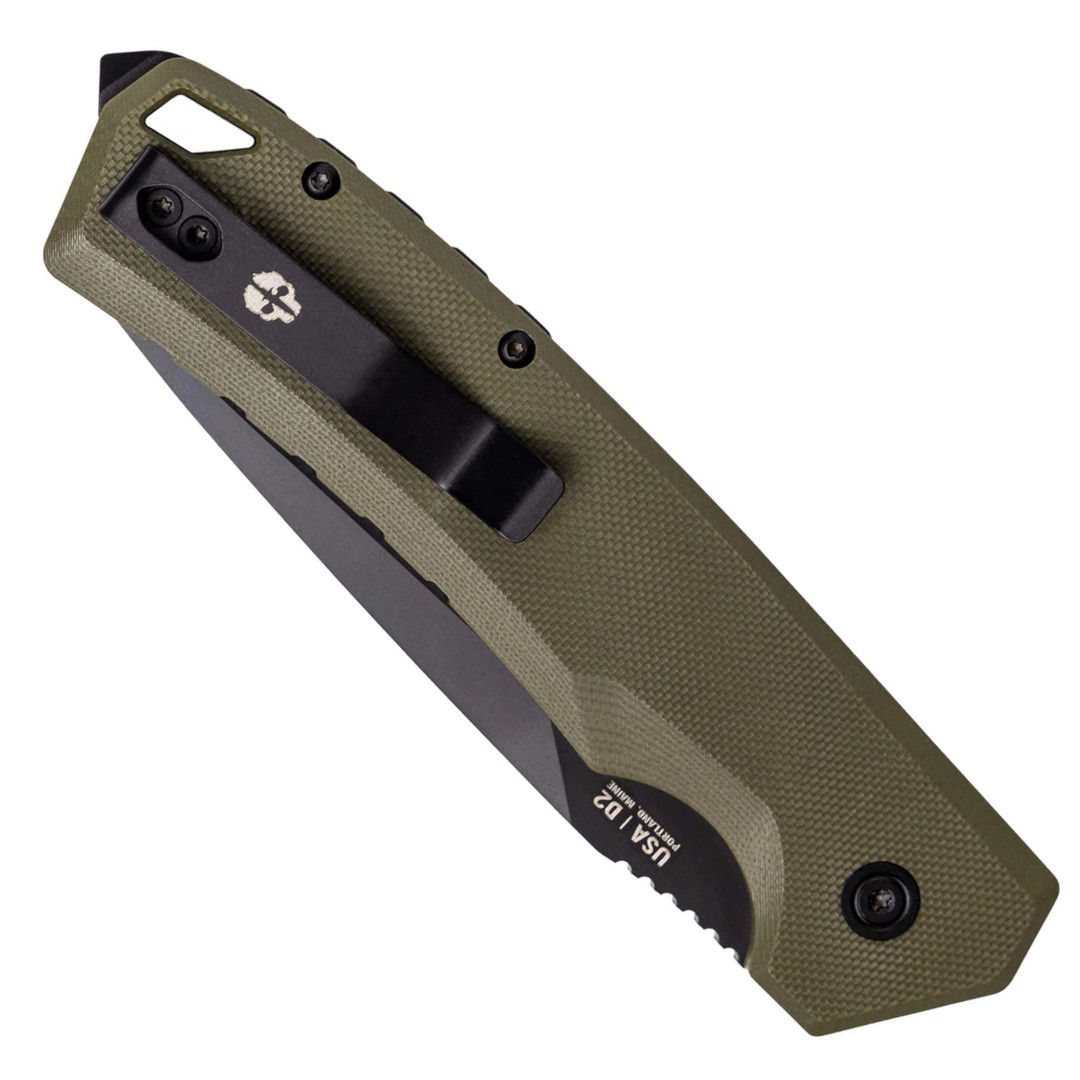 Tekto OD Green Delta A3 Automatic Knife, Black Drop Point Blade, Clip View