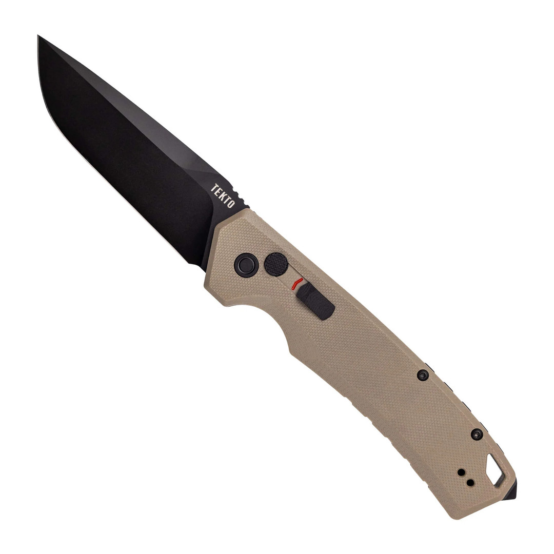 Tekto Desert Tan Delta A3 Automatic Knife, Black Drop Point Blade